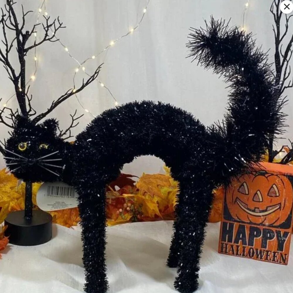 Super Cute Halloween Tinsel Black Cat Tabletop Décor Prop 16" New